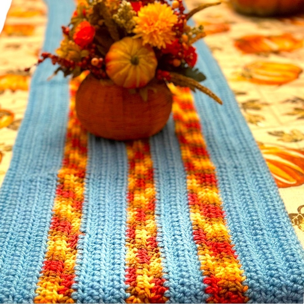 New Hand Crochet Wrap or Table Runner Blue w. Fall Autumn Color Stripes 13x52.5”